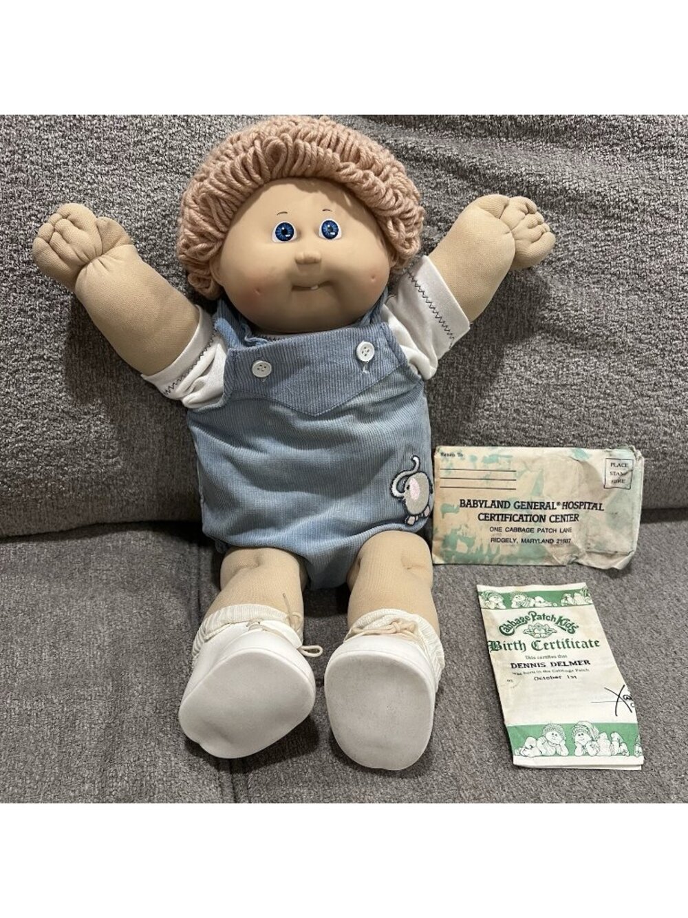 Vintage Cabbage Patch Kids Boy Doll Tooth Blue Corduroy Elephant Romper